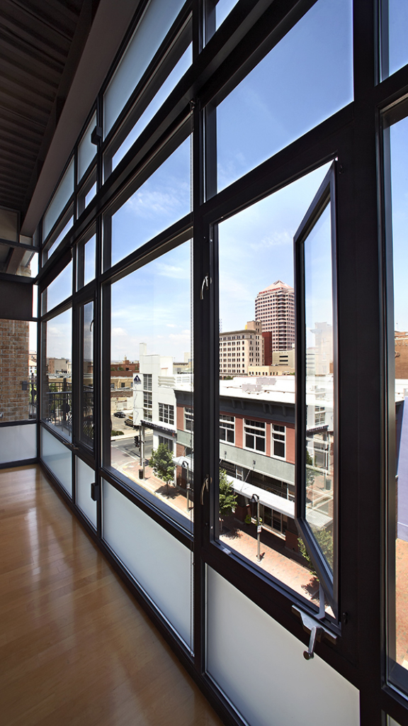 building windows overlooking downtown